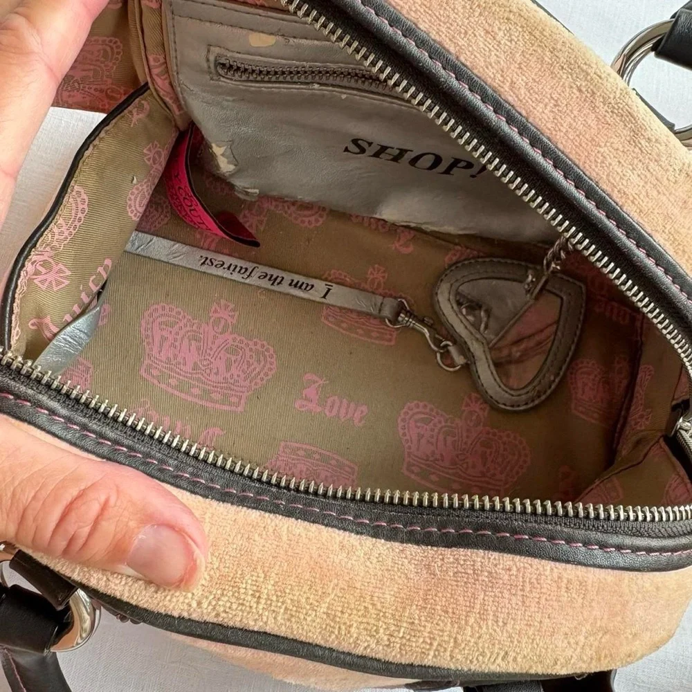 Y2K 2002 Vintage Juicy Couture Pink & Brown Velour Bowler Bag Purse - Picture 10 of 11
